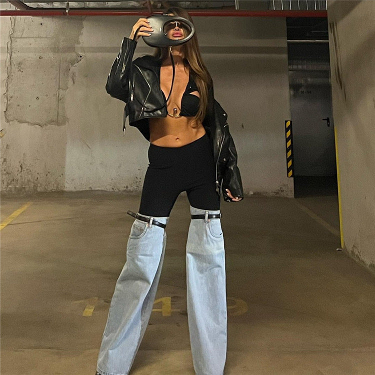 Trendy High-Waisted Straight-Leg Denim Pants