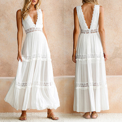 Elegant V-Neck Lace Midi Dress With 3D Pattern