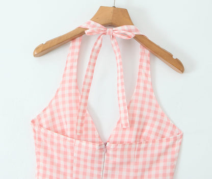 Sexy V-Neck Halter Plaid Maxi Dress
