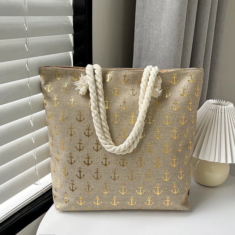 Large Capacity Linen Tote Bag with Dual-Sided Gold Foil Design