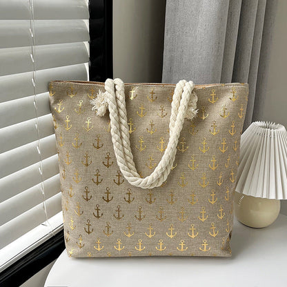 Large Capacity Linen Tote Bag with Dual-Sided Gold Foil Design
