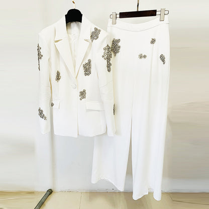 Trendy Elegant Pearl Beaded Blazer & Wide Leg Pants Set