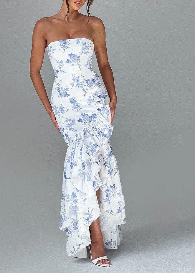 Strapless Ruffled Maxi Dress With Floral Print
