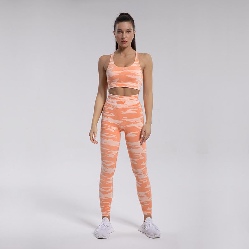 Seamless Knitted Camouflage Yoga Wear Women'S Sports Bra Beauty Back Sweat-Absorbent Running Pants Suit