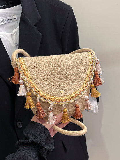 Trendy Woven Beach Bag with Tassels for Casual Use