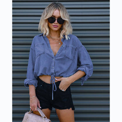 Women's Denim Button-Up Shirt with Pockets