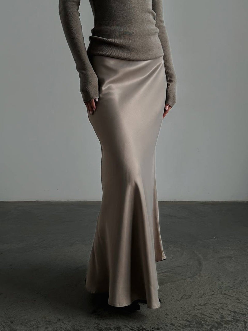 Elegant Mermaid Maxi Skirt Solid Color Satin Blend Street Style