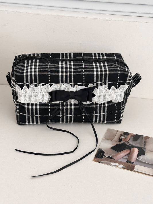 Black And White Plaid Storage Bag Stylish Lace Edges Makeup Organizer