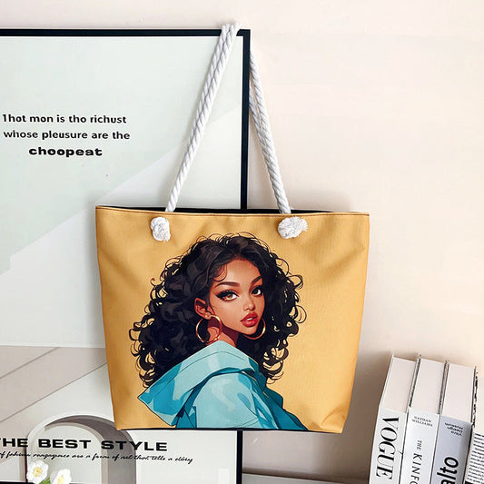 Trendy Cartoon Print Shoulder Tote Bag Durable Oxford Cloth Bag