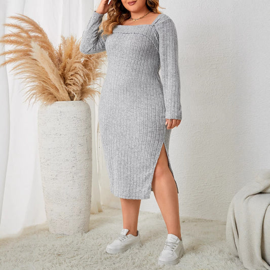 Gray Floral Long Sleeve Maxi Dress Plus Size Elegant Casual Dress