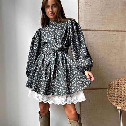 Elegant Floral Print A-Line Dress with Puff Sleeves