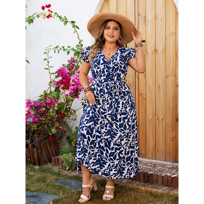 Plus Size Floral Print V-Neck Short Sleeve Dress