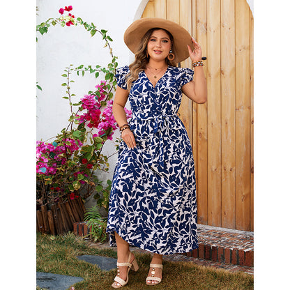 Plus Size Floral Print V-Neck Short Sleeve Dress