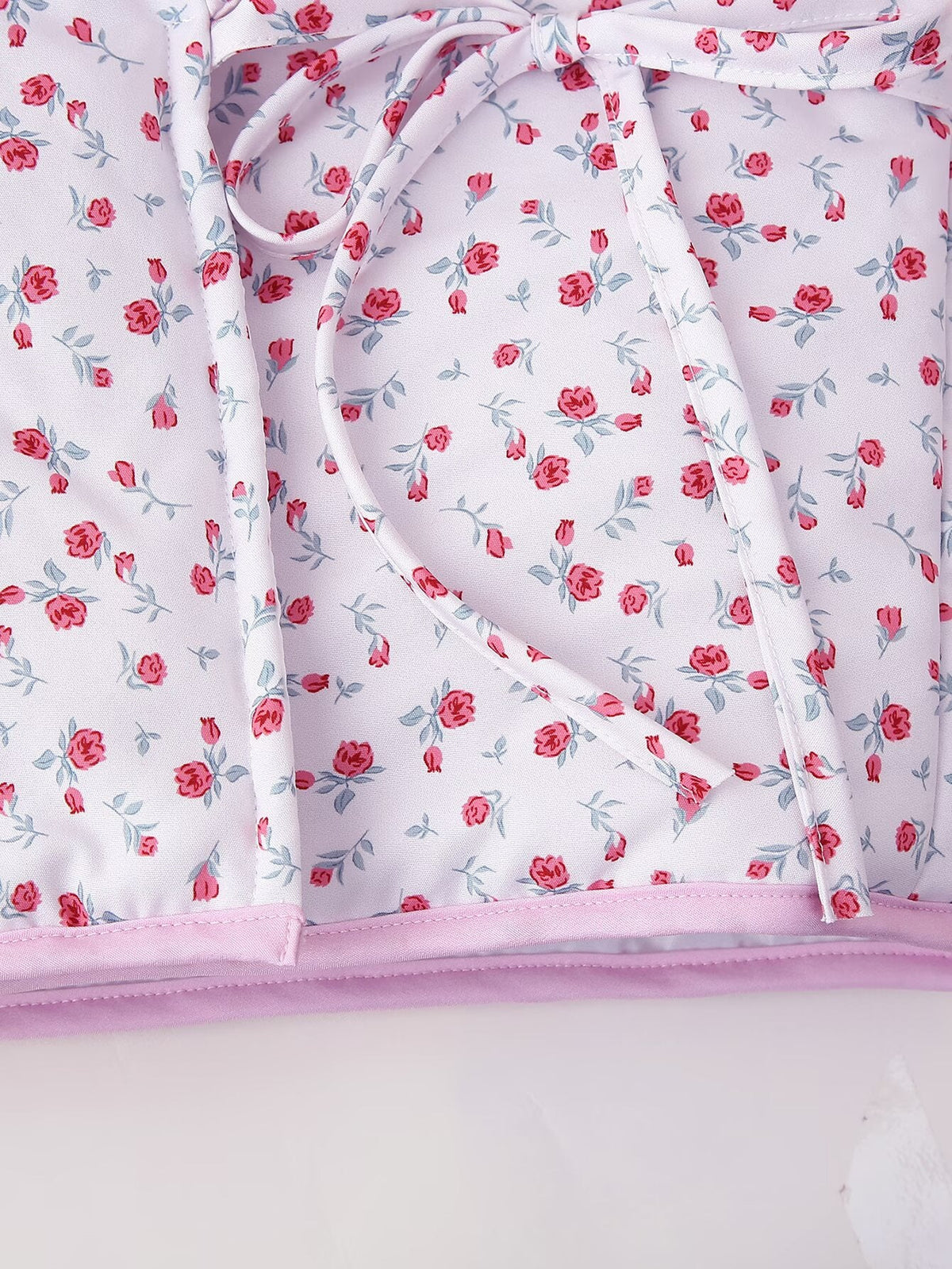Floral Print Quilted V-Neck Tie Front Puffer Coat