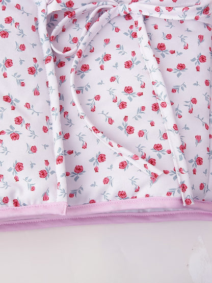 Floral Print Quilted V-Neck Tie Front Puffer Coat