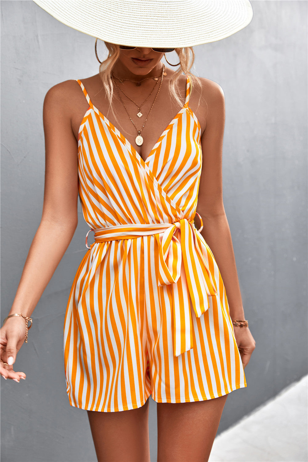 Sexy V-Neck Striped Slipper Jumpsuit Woman