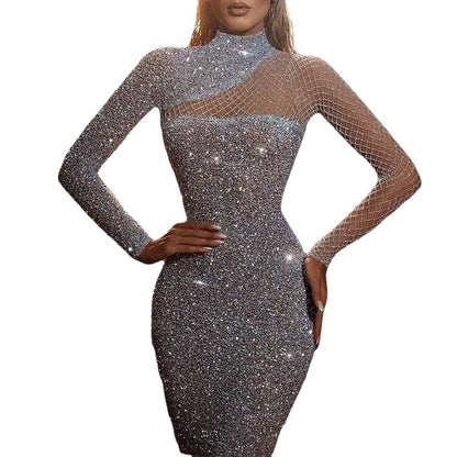 Silver Hollow Shoulder Sequined Dress