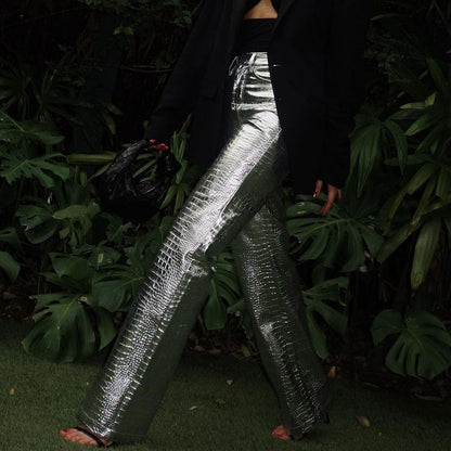 Trendy Silver PU Leather High-Waisted Straight Pants for Women