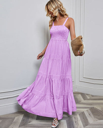 Solid Color Striped Spaghetti Long Dress
