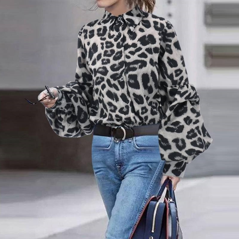 Autumn Winter New Leopard Print Shirt Female Fashion Casual Lapel Bubble Sleeve Top