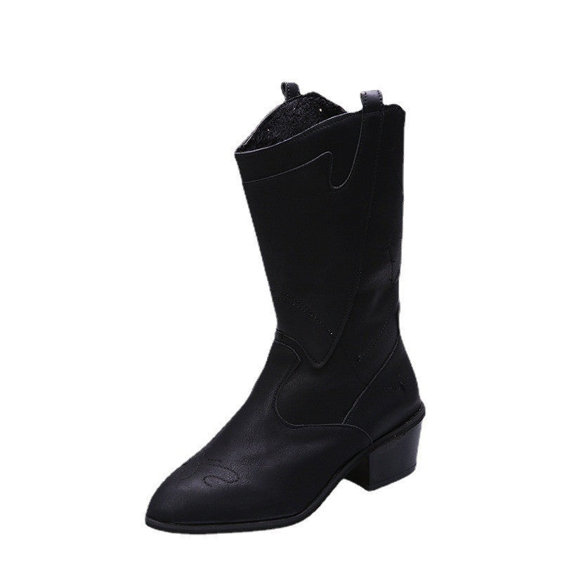 New In Autumn And Winter With Oversized Pointed Toes Hand-Embroidered Soft Leather Mid-Tube Knight Boots