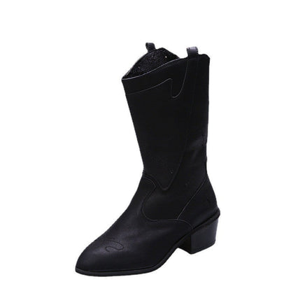 New In Autumn And Winter With Oversized Pointed Toes Hand-Embroidered Soft Leather Mid-Tube Knight Boots