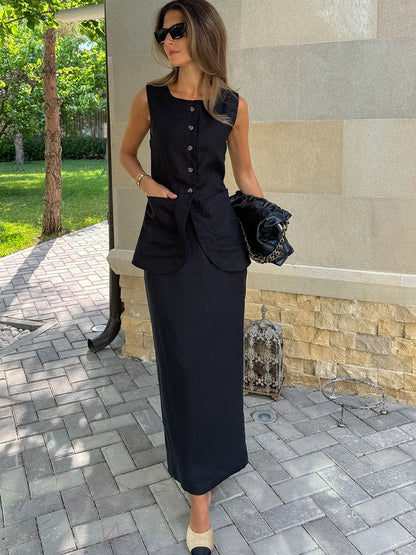 Casual Sleeveless Vest and High-Waisted Skirt Set