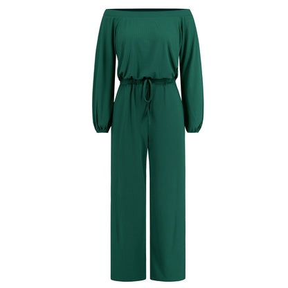 Women'S Autumn And Winter New Casual One Shoulder Long Sleeved Waist Trimming Jumpsuit With Tie Up Wide Leg Pants