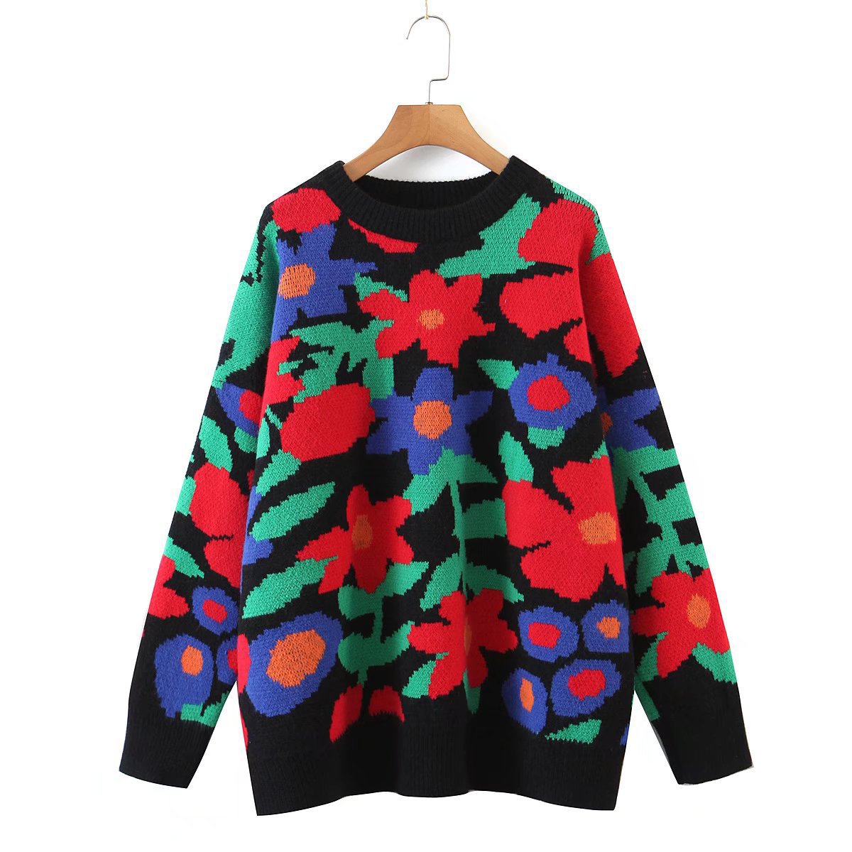 Autumn And Winter New Large Flower Embroidery Round Neck Loose Long-Sleeved Knitted Sweater Pullover Women'S