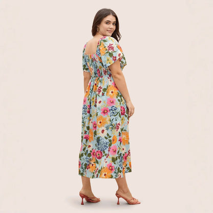 Plus Size A-Line Floral Maxi Dress With Square Neck