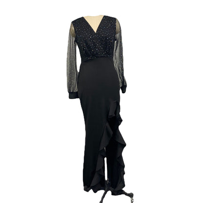 Elegant Black Midi Dress With Sheer Sequin Overlay