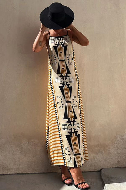 Women'S New Bohemian Print Maxi Dress Casual Square Collar Slip Dress