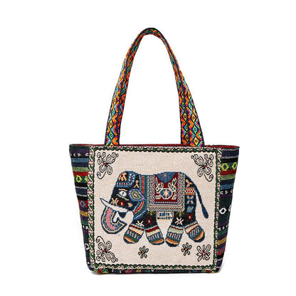 Tote Bag Women'S Bag Going Out Canvas Bag Double-Sided Casual Embroidery Large-Capacity Handbag Ethnic Style Small Square Bag