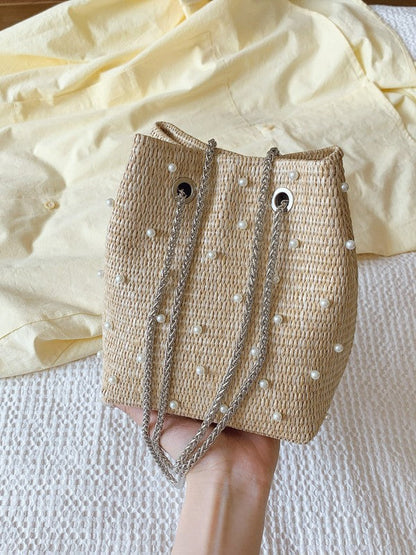 Trendy Women's Woven Bucket Bag with Pearl & Rhinestone Accents