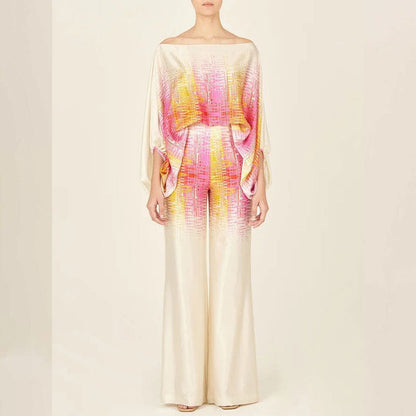 2025 Spring New Suit Printed Round Neck Loose Bat Sleeve Waist Wide Leg Pants Fashion Suit