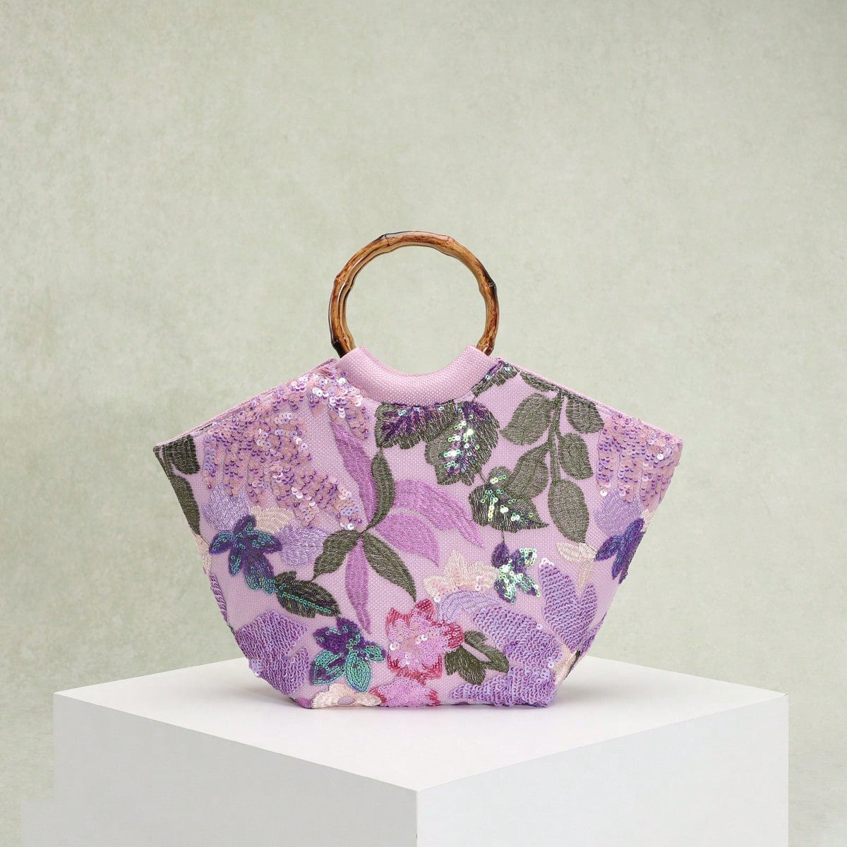 Elegant Floral Sequin Tote Bag With Bamboo Handle
