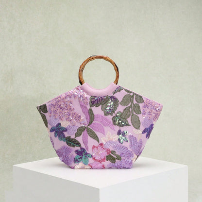 Elegant Floral Sequin Tote Bag With Bamboo Handle