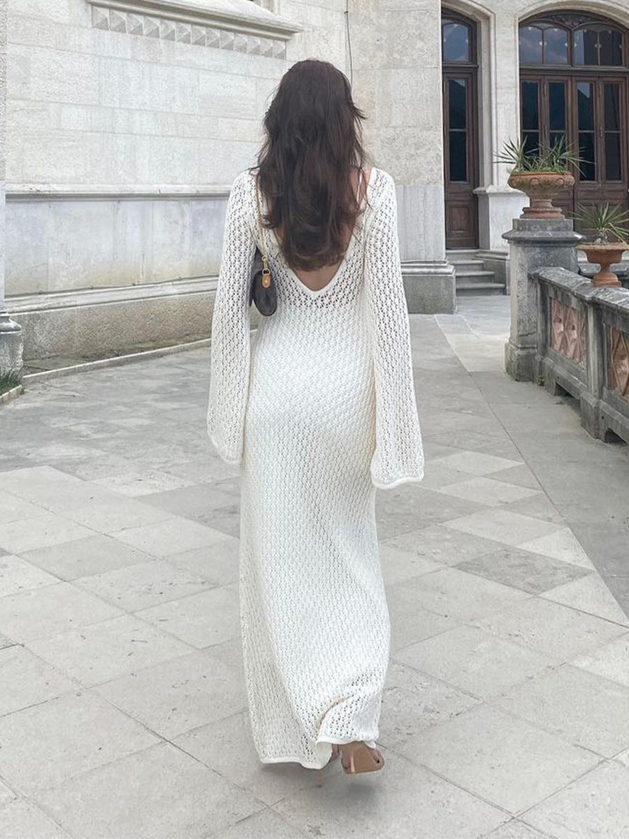 Summer New Beach Skirt Women'S Solid Color Sexy Knitted Hollow Beach Bikini Swimwear Cover Up Sun Protection Clothing