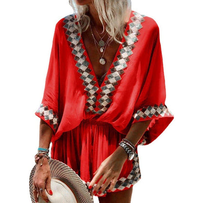 Floral Print Maxi Dress V-Neck Polyester Beachwear