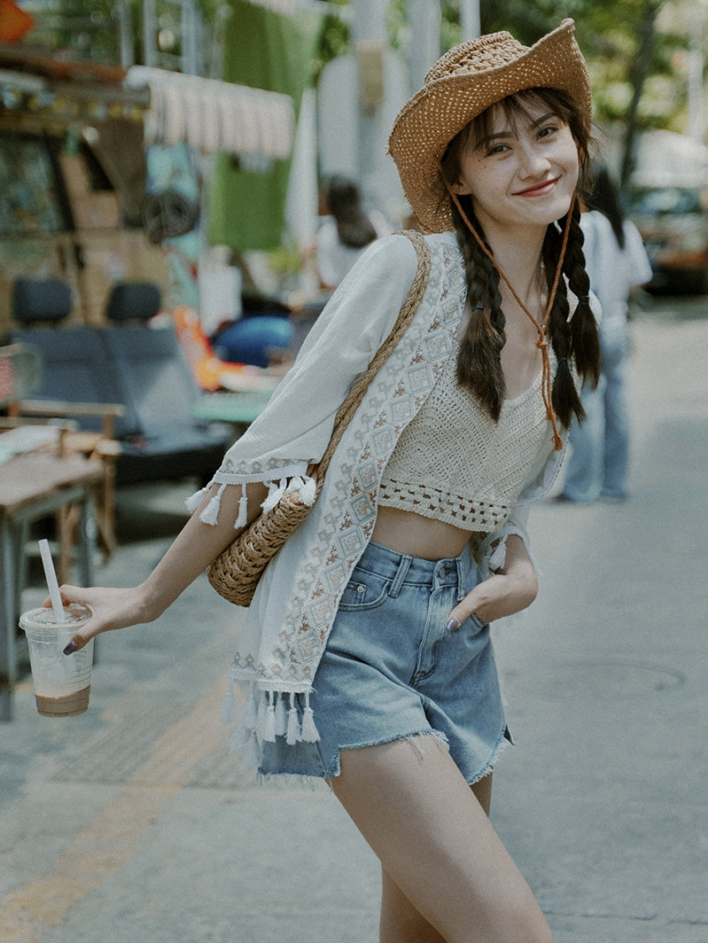 Ethnic Style Embroidery Bohemian Tassel Cardigan, Elegant And Super Immortal Sun Protection Shirt, Beach Outerwear, Loose And Thin Jacket