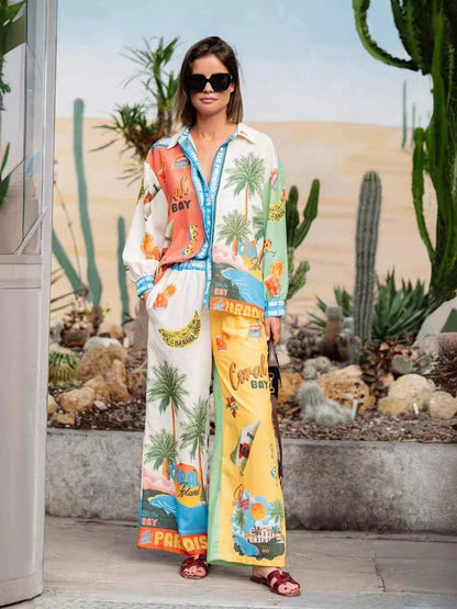 Fashionable Flair Printed Linen Long Sleeve Shirt Set