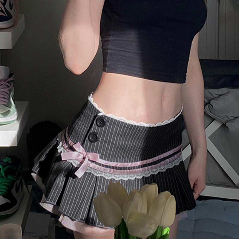Striped Bow Lace Pleated Mini Skirt