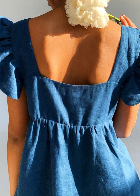 Linen Mini Dress With Flutter Sleeves And Square Neckline