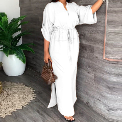 Women'S Casual Fashion Stand-Up Collar Split Length Dress Solid Color Dress