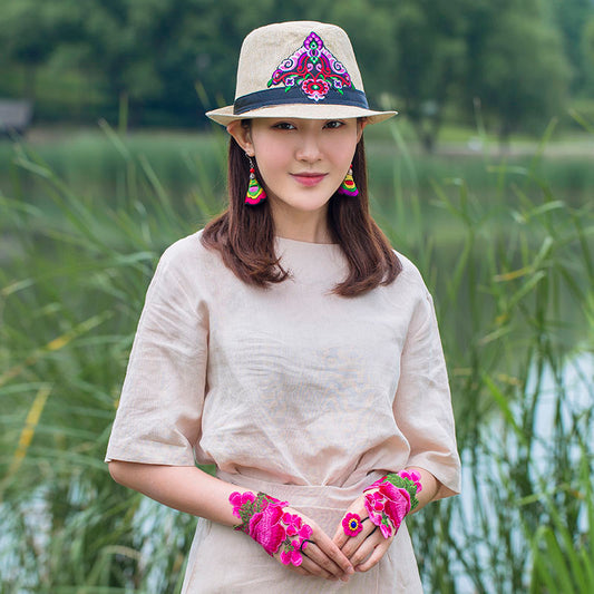 Embroidered Hat In Summer, Straw Hat, Women'S Top Hat, Tibetan Style, Sun Protection, National Style Embroidery In Summer And Autumn