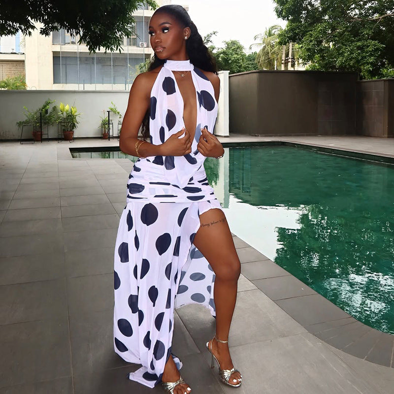 Black And White Polka Dot Halter Neck Dress With Slit