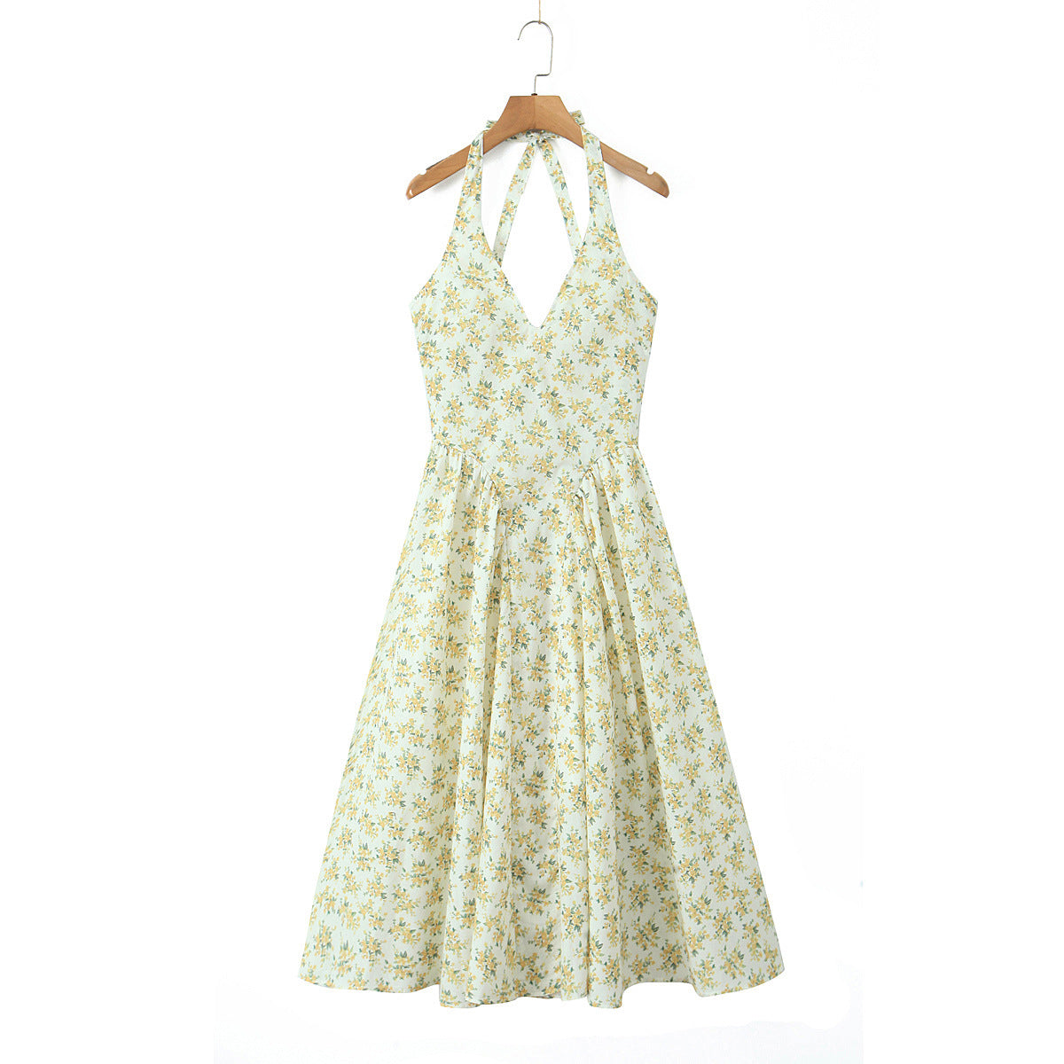 Vintage Floral Halter V-Neck Maxi Dress