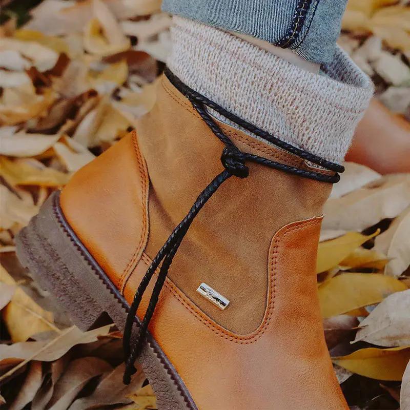 Round Toe Women'S Leather Boots With Side Zipper, Thick Heel, Warm Martin Boots, Low-Heeled Plus Size Women'S Boots