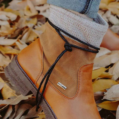 Round Toe Women'S Leather Boots With Side Zipper, Thick Heel, Warm Martin Boots, Low-Heeled Plus Size Women'S Boots