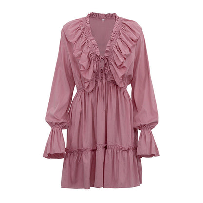 V-Neck Flounce Solid Color Mini Dress